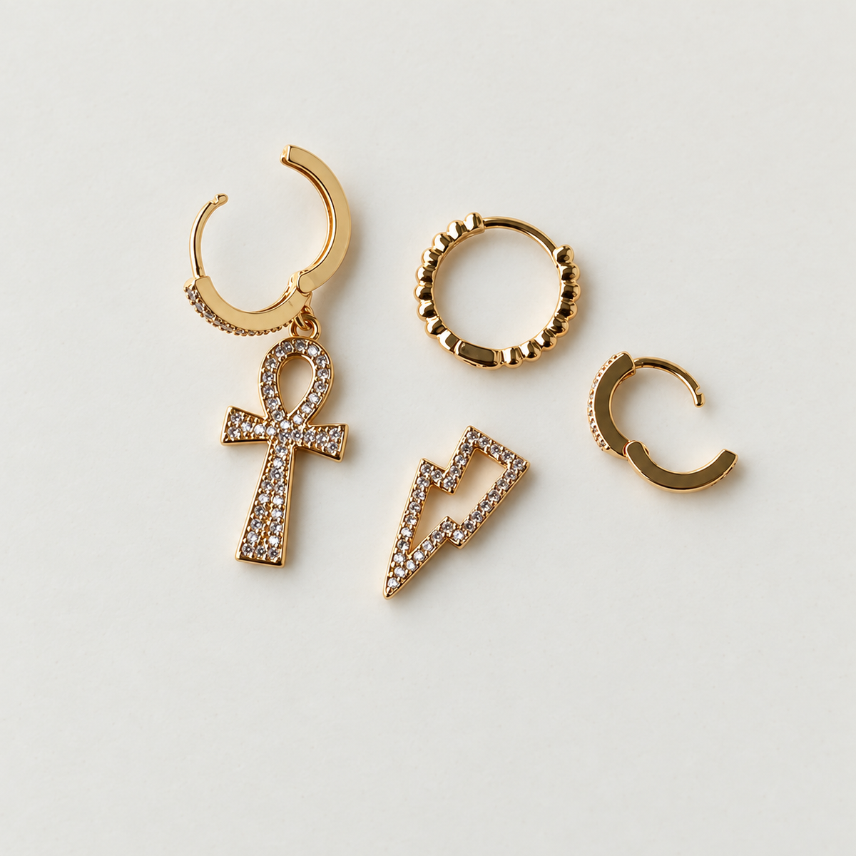 Lightning Bolt, Cross and Flower Earring Set, Gold, Set of 3