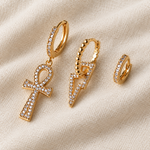 Lightning Bolt, Cross and Flower Earring Set, Gold, Set of 3