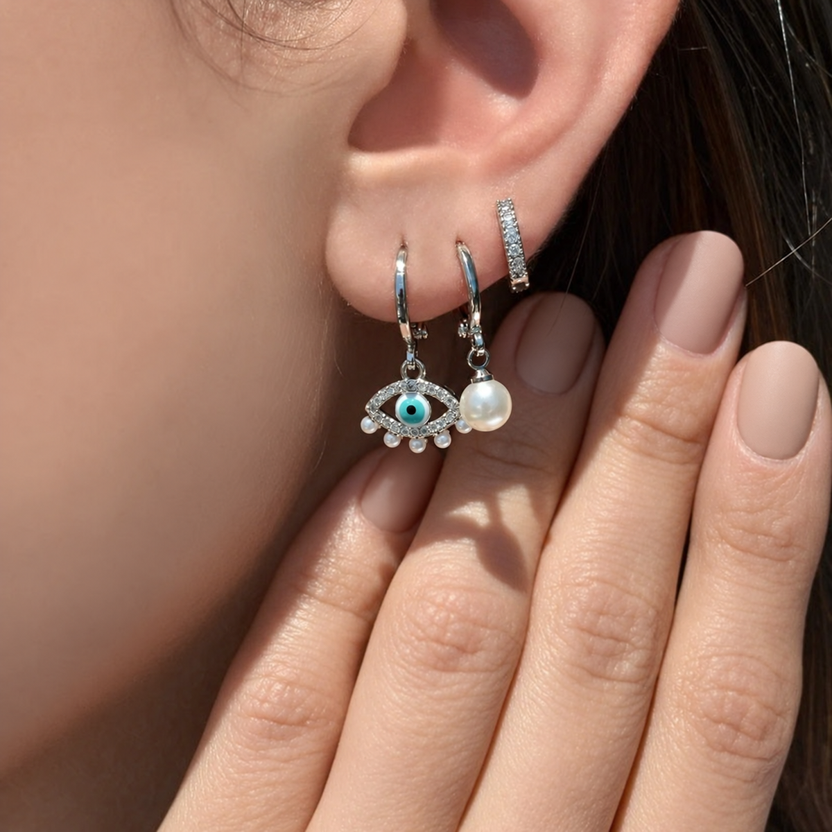 Evil Eye 3 Dangle Stud Earring Set, Silver, Set of 3