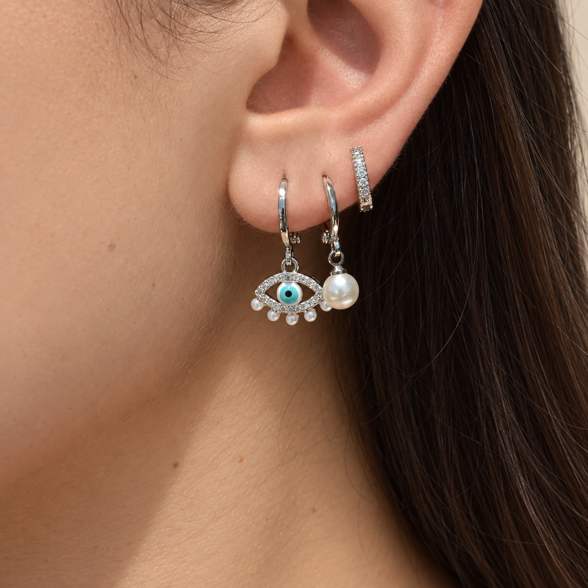 Evil Eye 3 Dangle Stud Earring Set, Silver, Set of 3