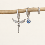 Angel and Evil Eye Earring Set, Silver, Set of 3