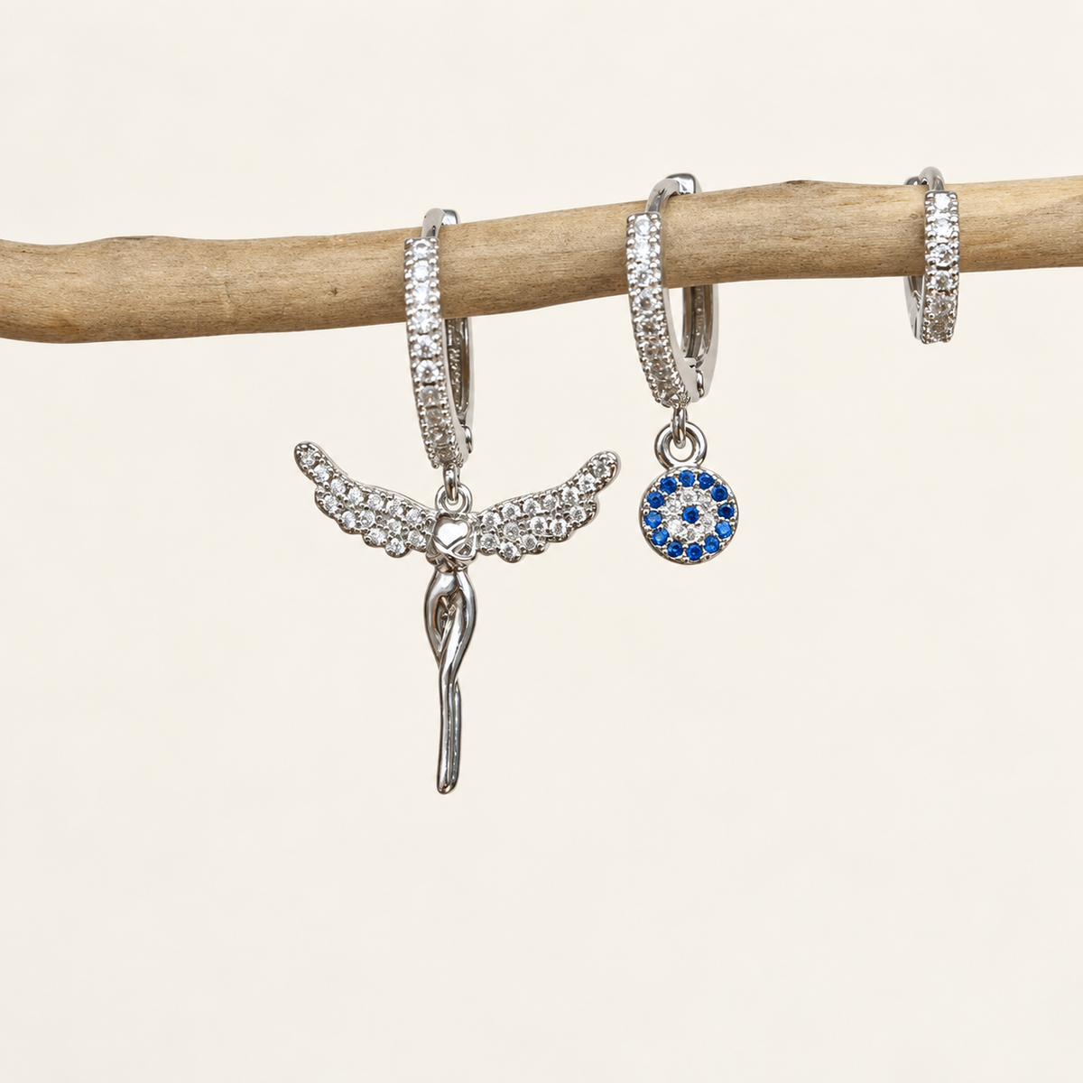 Angel and Evil Eye Earring Set, Silver, Set of 3