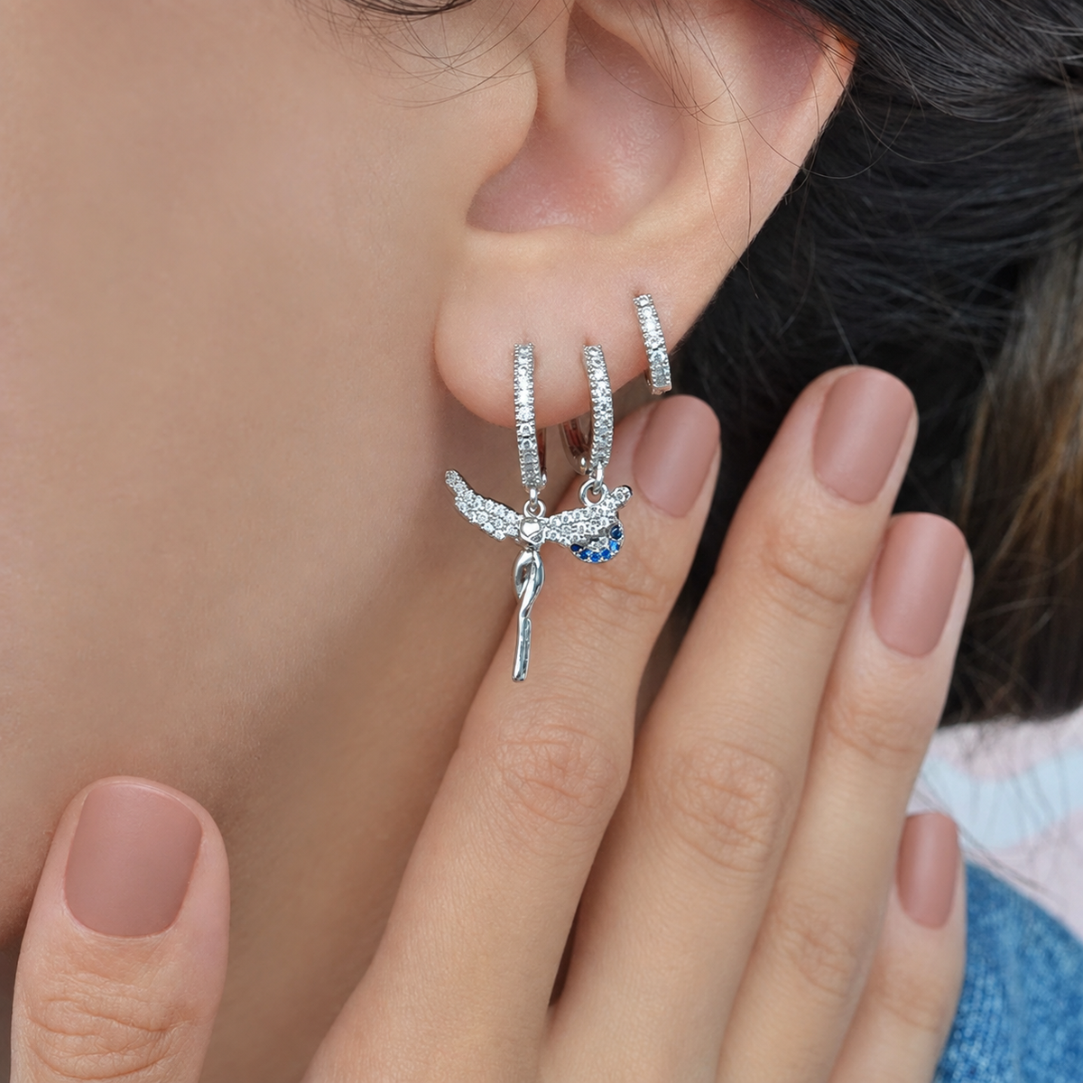 Angel and Evil Eye Earring Set, Silver, Set of 3