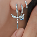Angel and Evil Eye Earring Set, Silver, Set of 3