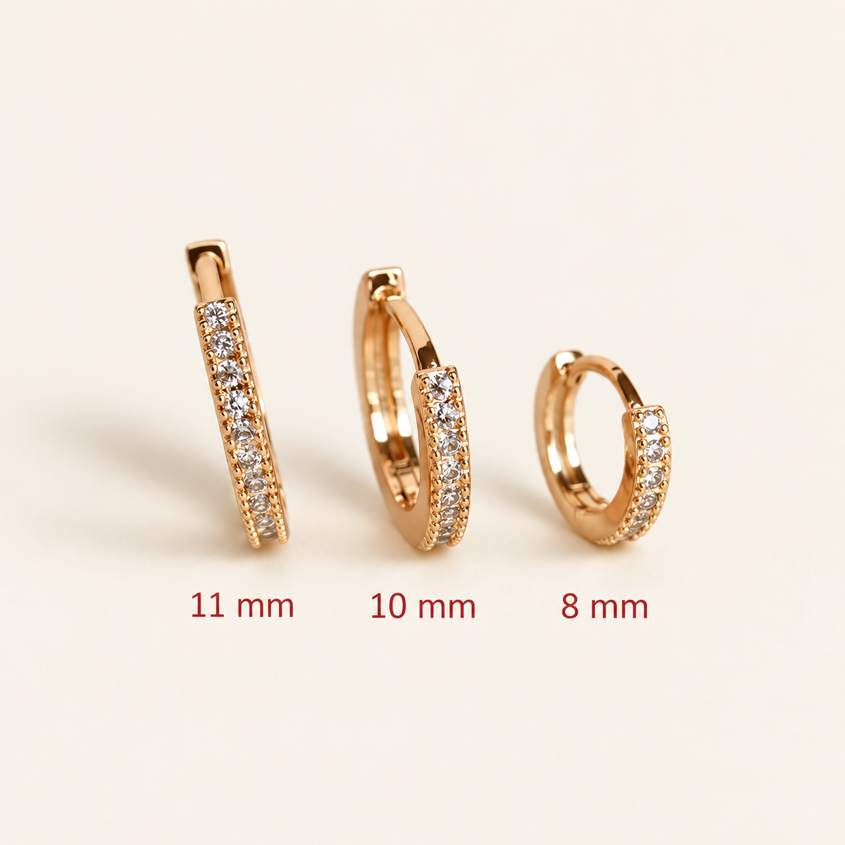 Zircon Hoop Earring Set, 11mm, 10mm & 8mm, Gold, Set of 3