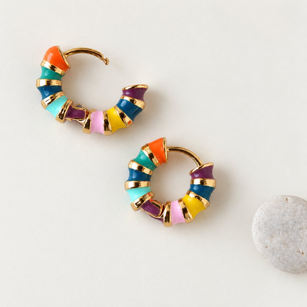 Multicolour Enamel Zircon Hoop Earrings, Pair