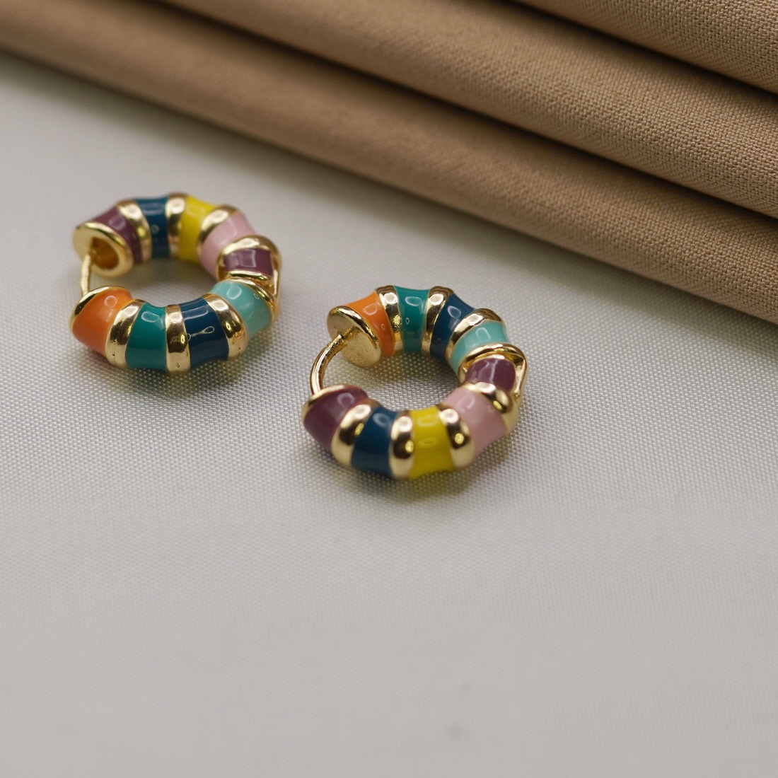 Multicolour Enamel Zircon Hoop Earrings, Pair