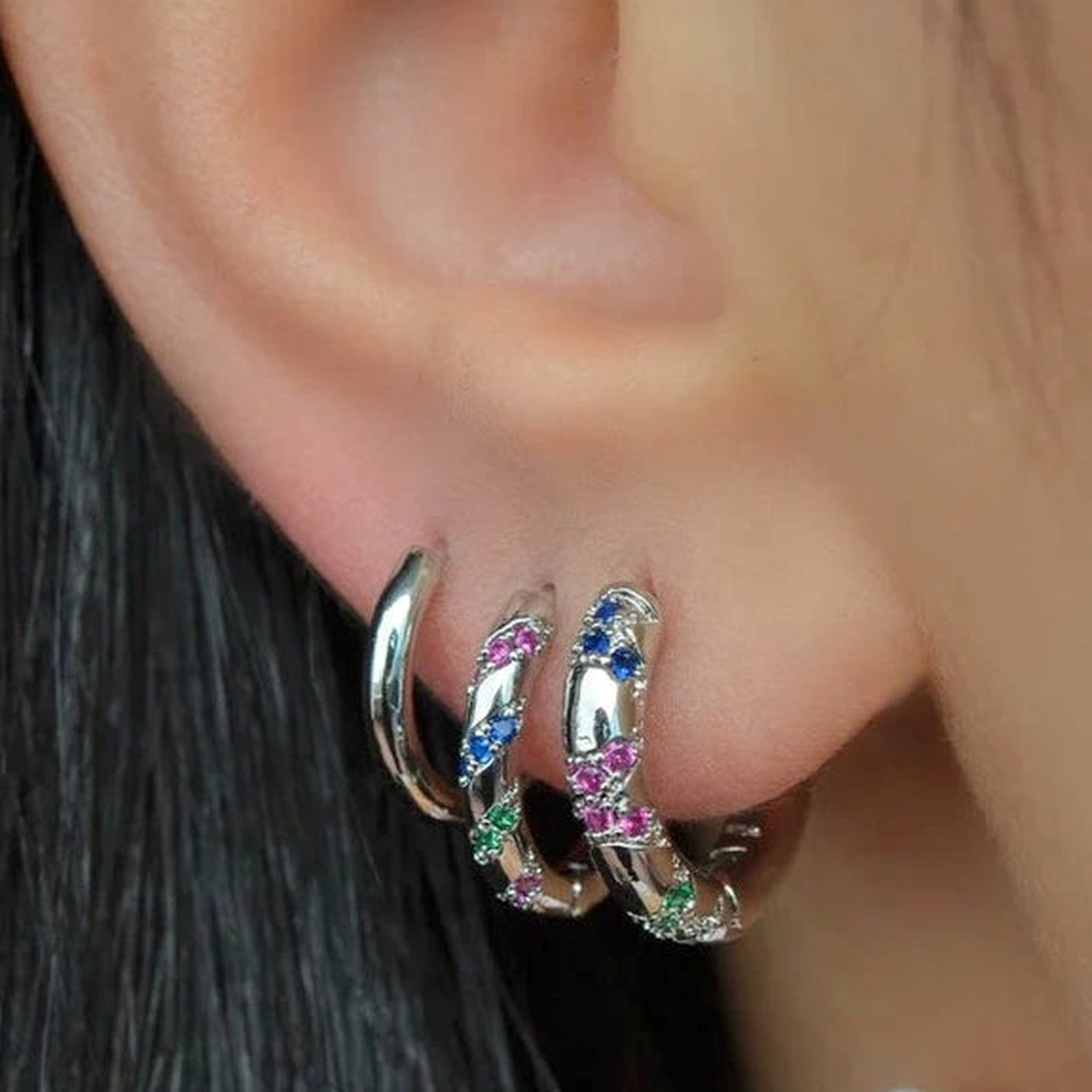 Zircon Hoop Earring Set, 10mm & 11mm, Gold or Silver, Set of 3