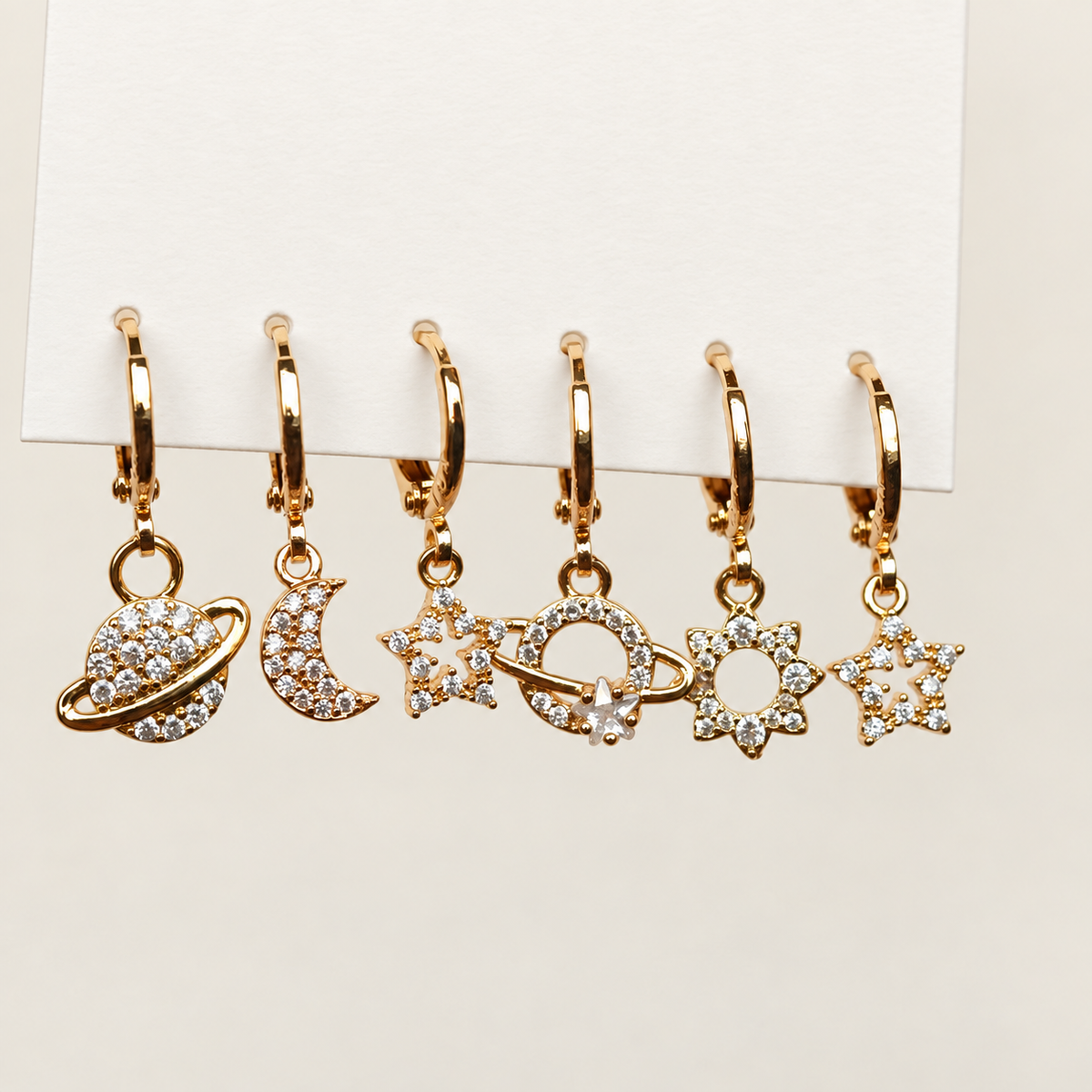 Moon, Star, Planet and Sun Earring Set, Gold or Silver, Set of 6