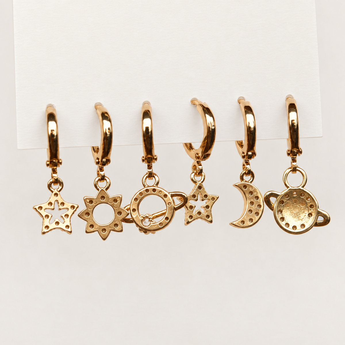 Moon, Star, Planet and Sun Earring Set, Gold or Silver, Set of 6