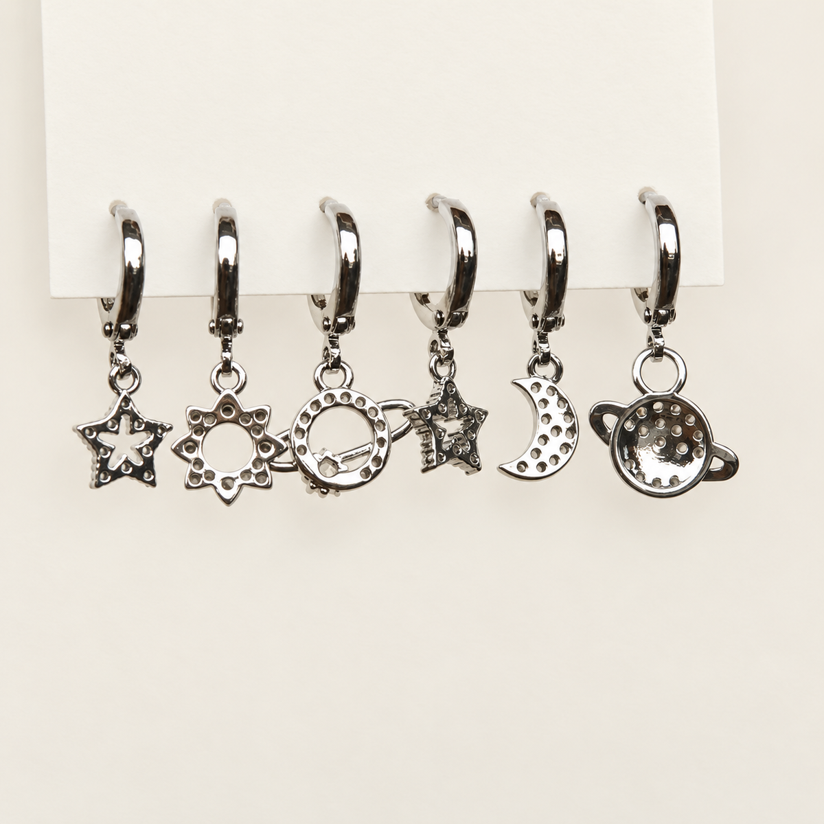 Moon, Star, Planet and Sun Earring Set, Gold or Silver, Set of 6
