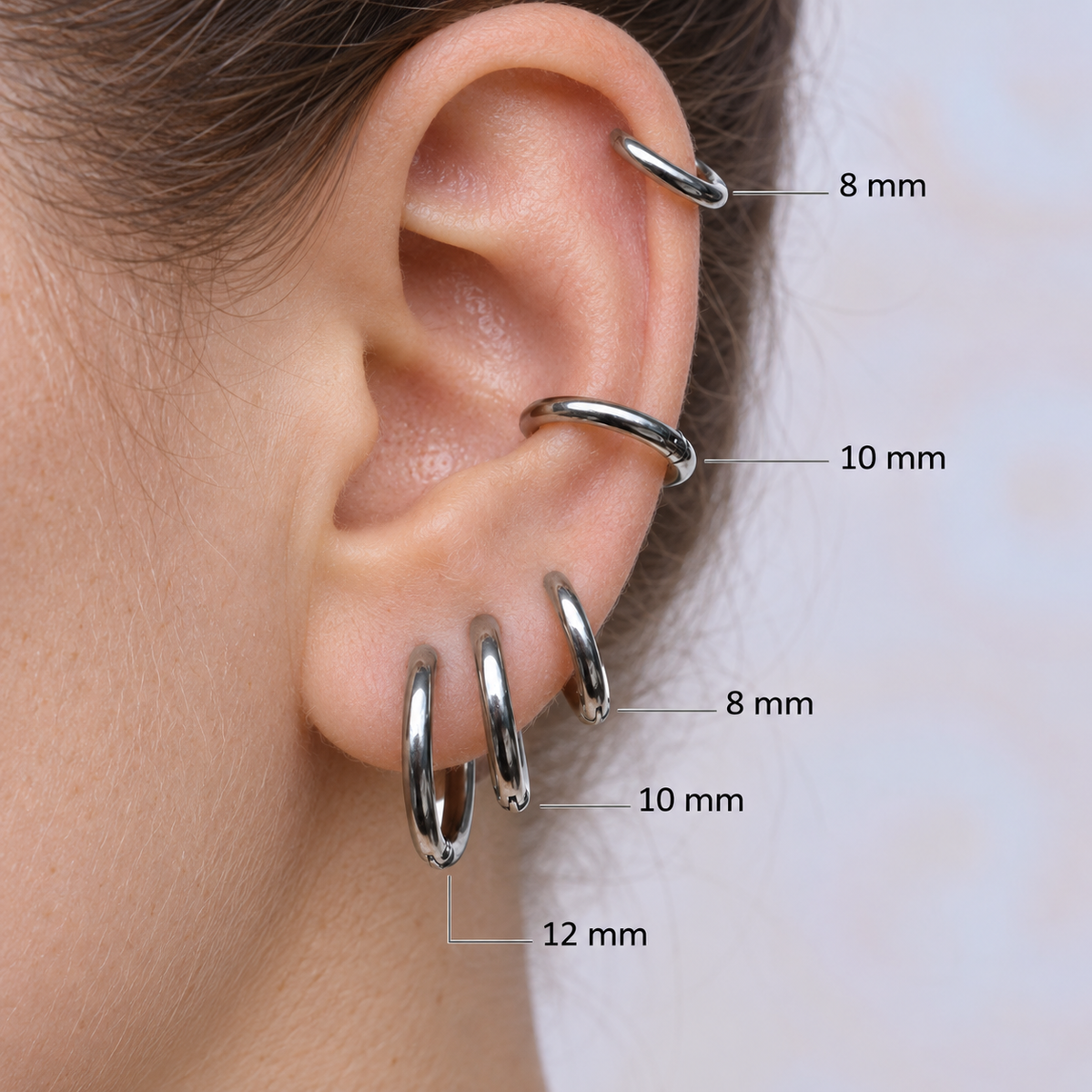 Hoop Earring Set, 8mm, 10mm & 12mm, Gold or Silver, Set of 6