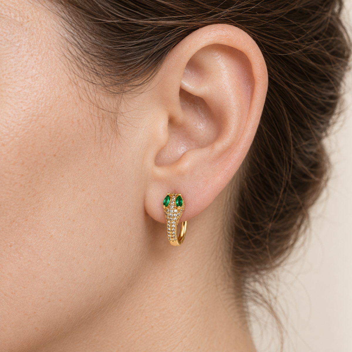 Green-Eyed Snake Hoop Earrings, 12mm, Gold or Silver, Pair