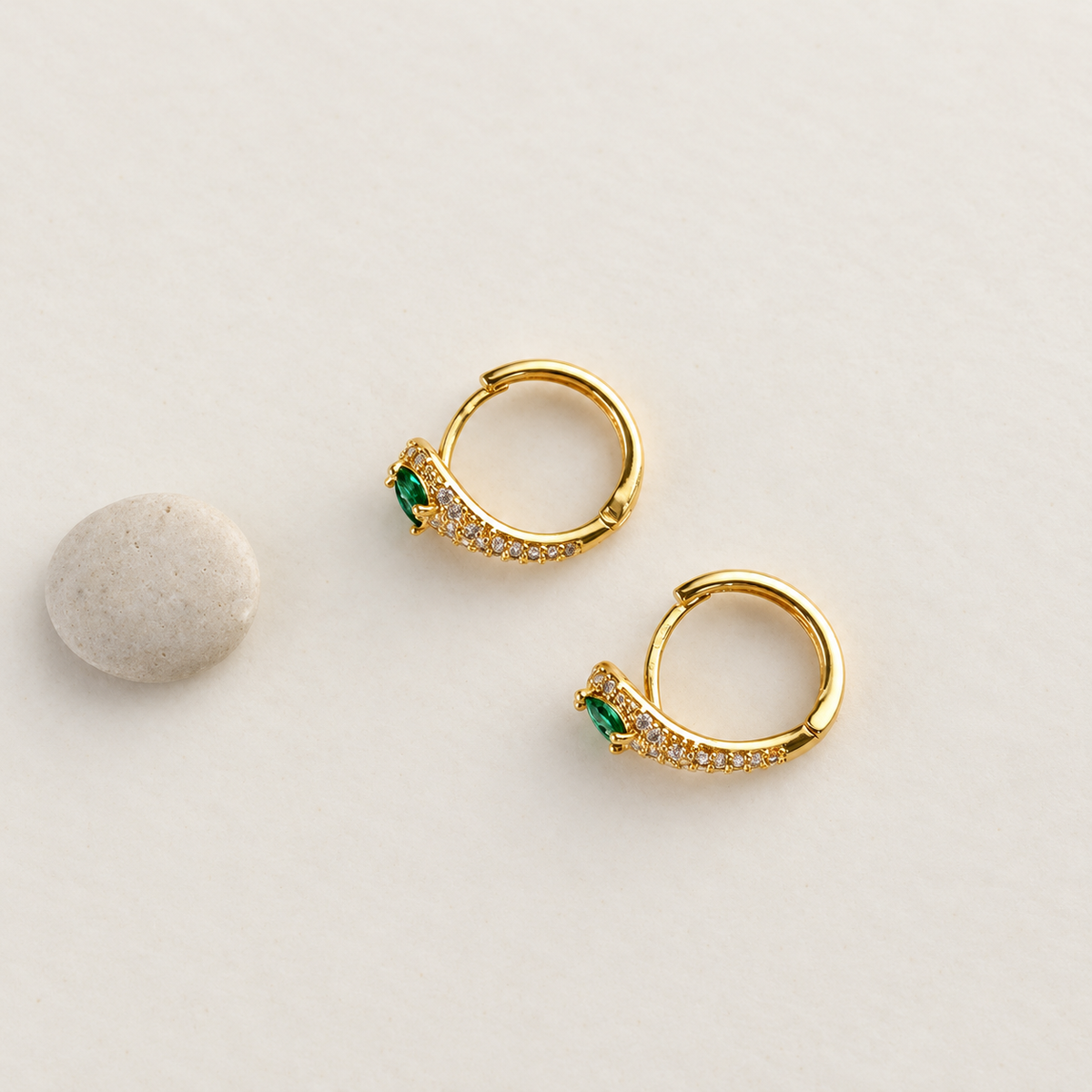 Green-Eyed Snake Hoop Earrings, 12mm, Gold or Silver, Pair