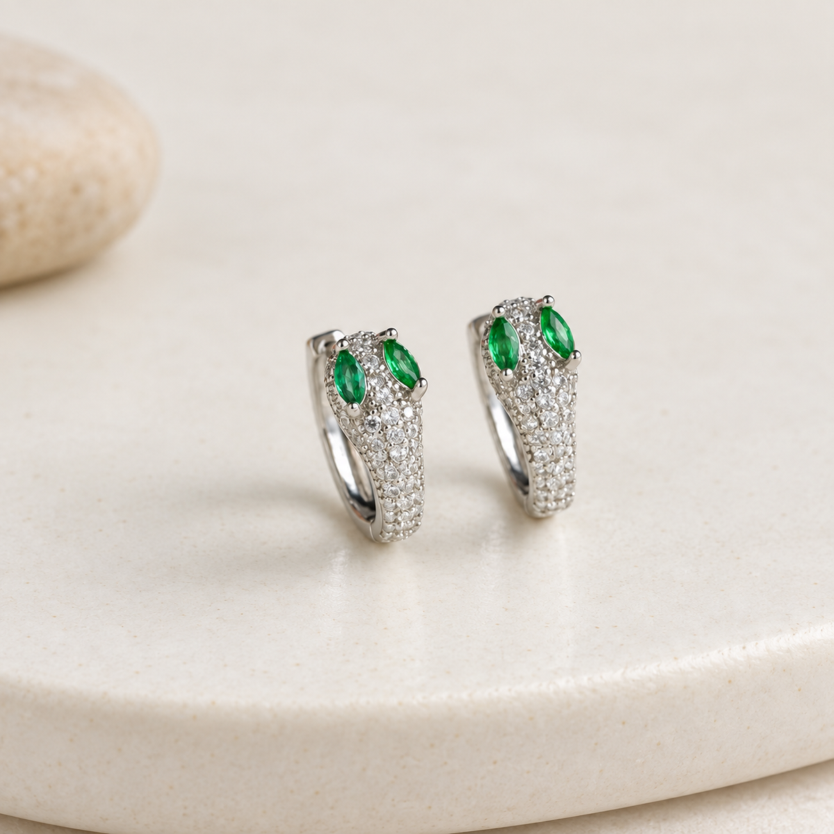 Green-Eyed Snake Hoop Earrings, 12mm, Gold or Silver, Pair