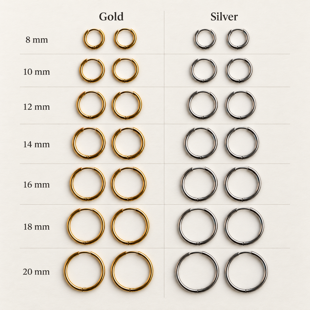 Flat Hoop Earring, 8-20mm, Gold or Silver, Single