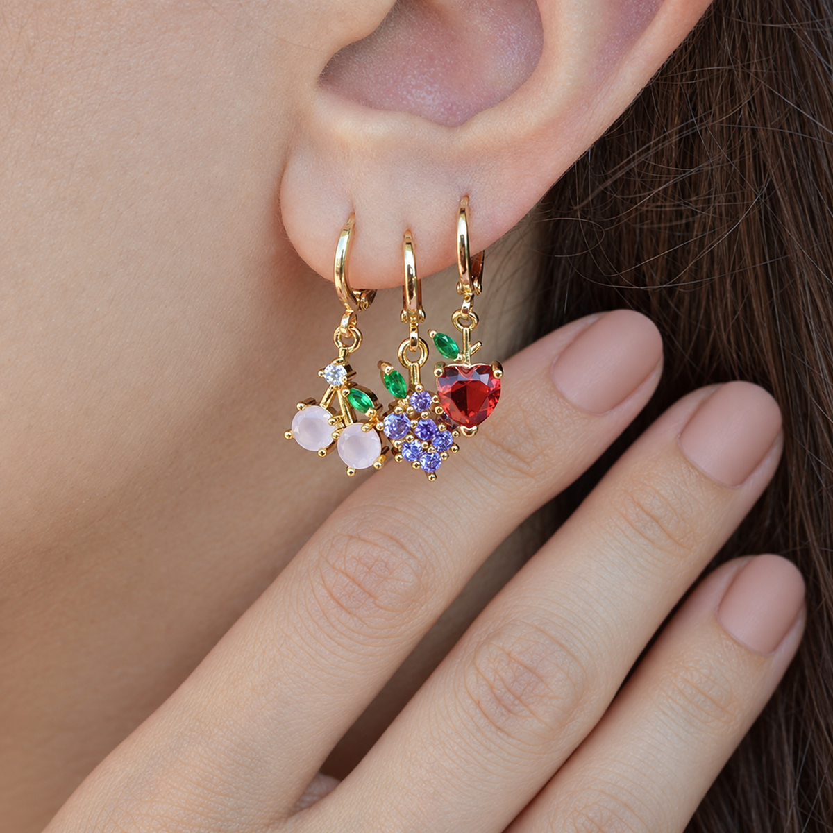 Cherry, Grape and Apple Earring Set, Gold or Silver, Set of 3