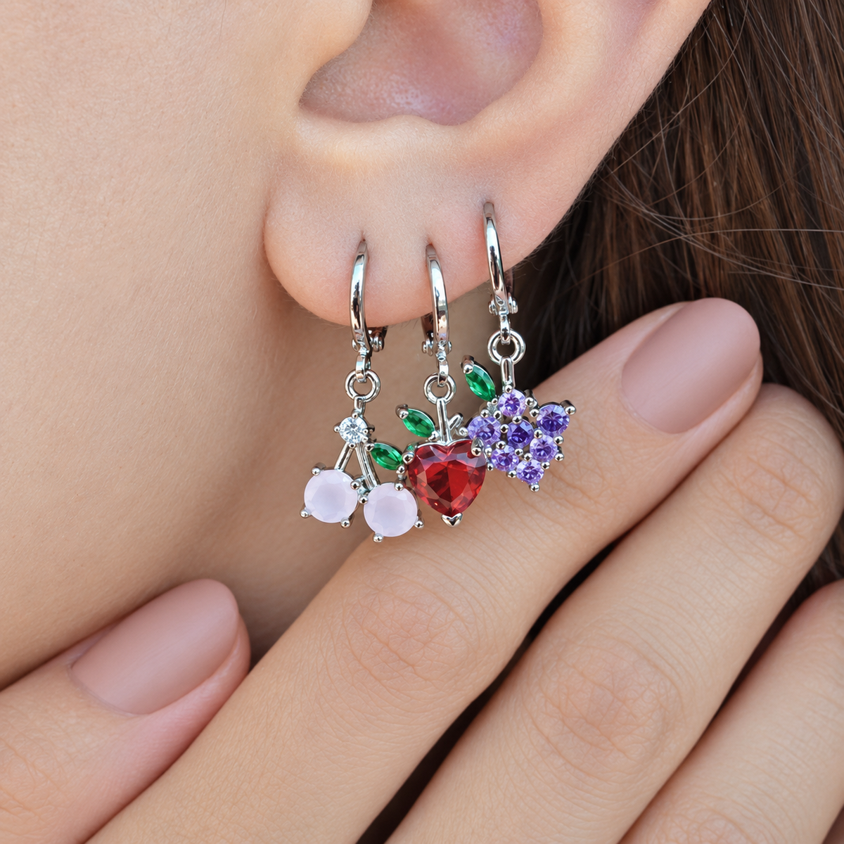 Cherry, Grape and Apple Earring Set, Gold or Silver, Set of 3