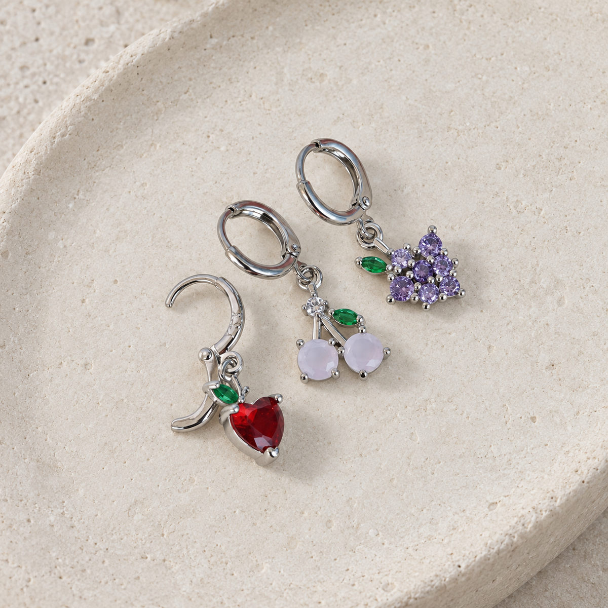 Cherry, Grape and Apple Earring Set, Gold or Silver, Set of 3