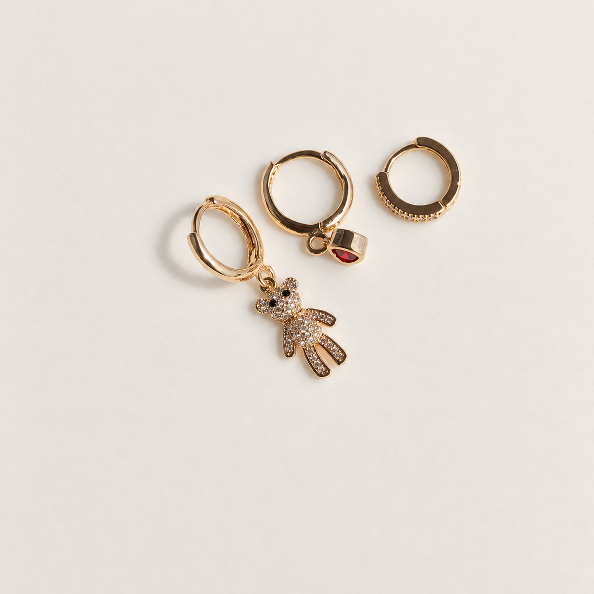 Teddy Bear and Heart Earring Set, 8mm, 10mm & 11mm, Gold or Silver, Set of 3
