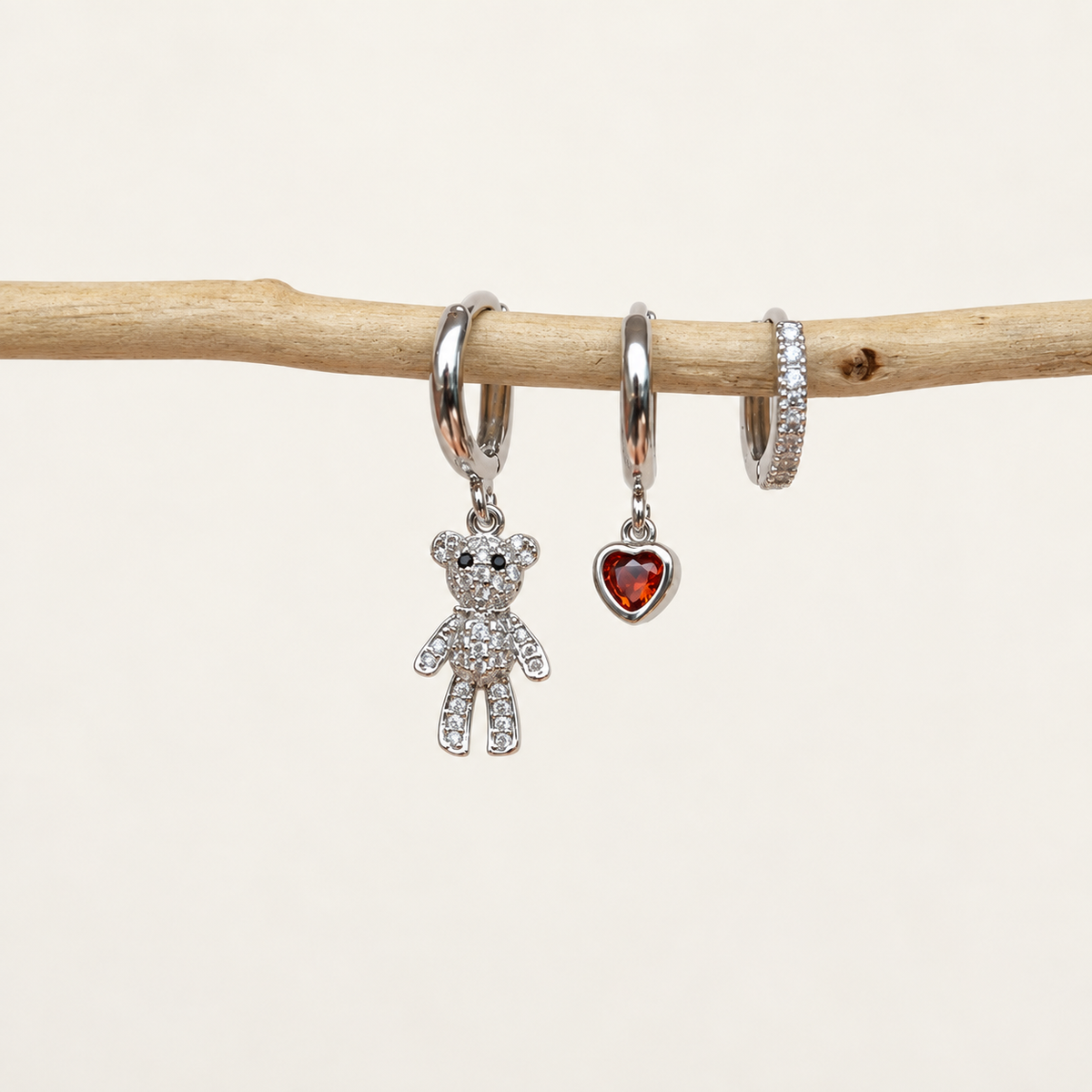 Teddy Bear and Heart Earring Set, 8mm, 10mm & 11mm, Gold or Silver, Set of 3