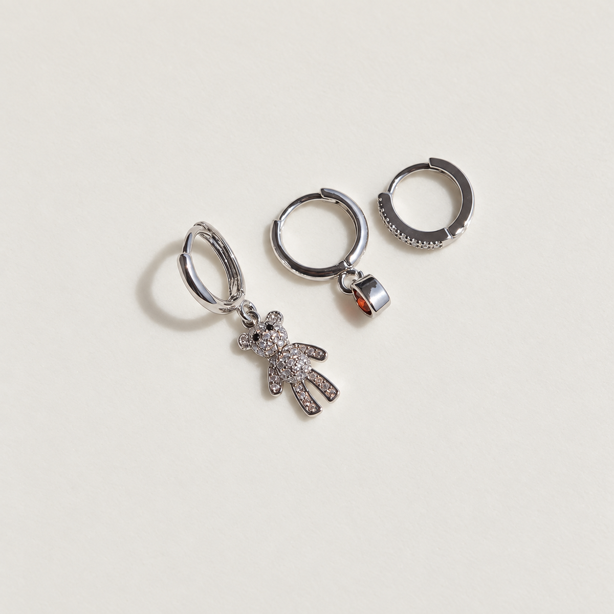 Teddy Bear and Heart Earring Set, 8mm, 10mm & 11mm, Gold or Silver, Set of 3