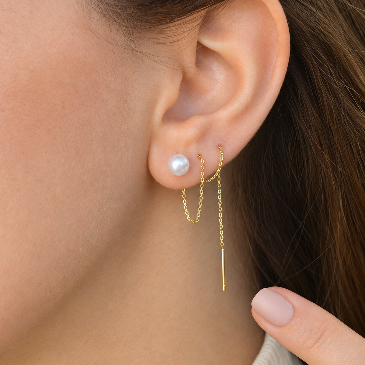 Dangle Pearl Chain Earrings, 12cm, Gold or Silver, Pair