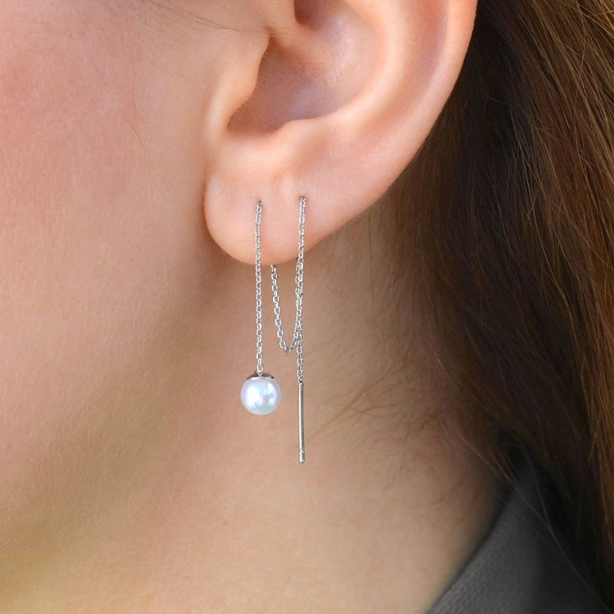 Dangle Pearl Chain Earrings, 12cm, Gold or Silver, Pair