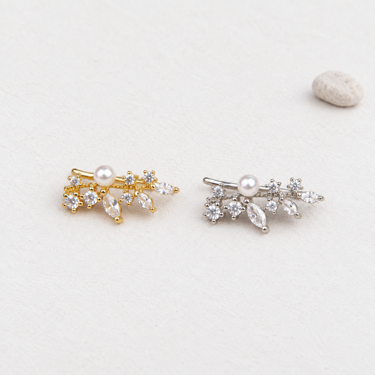 Leaf Pearl Stud Earring in Gold or Silver, Single