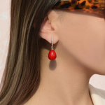Red Pearl Dangle Hoop Earrings, 8mm, Gold, Pair