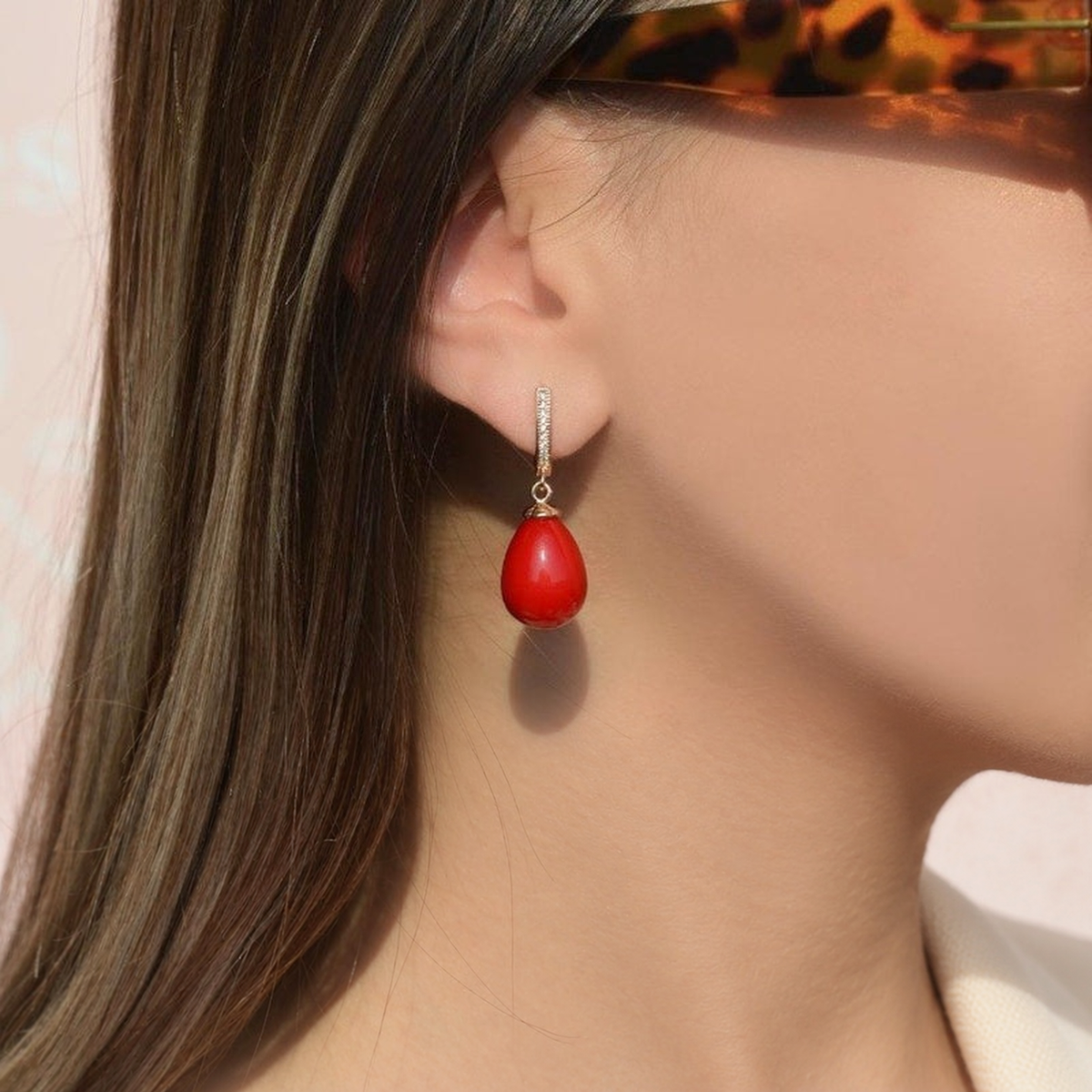 Red Pearl Dangle Hoop Earrings, 8mm, Gold, Pair