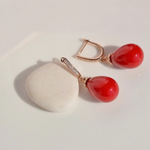 Red Pearl Dangle Hoop Earrings, 8mm, Gold, Pair