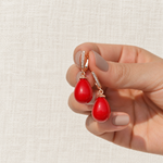 Red Pearl Dangle Hoop Earrings, 8mm, Gold, Pair