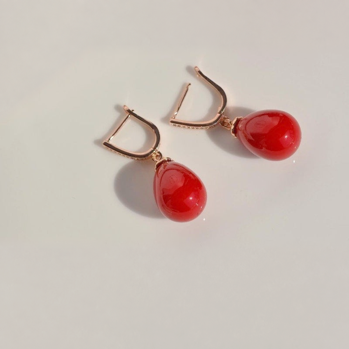 Red Pearl Dangle Hoop Earrings, 8mm, Gold, Pair