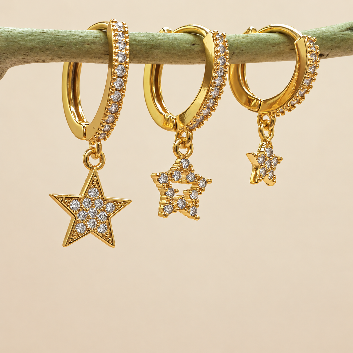 Star Dangle Earring Set, 8mm, 11mm & 13mm, Gold or Silver, Set of 3