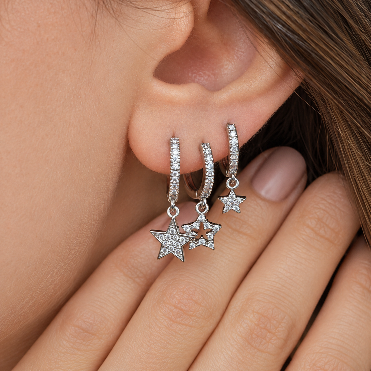 Star Dangle Earring Set, 8mm, 11mm & 13mm, Gold or Silver, Set of 3