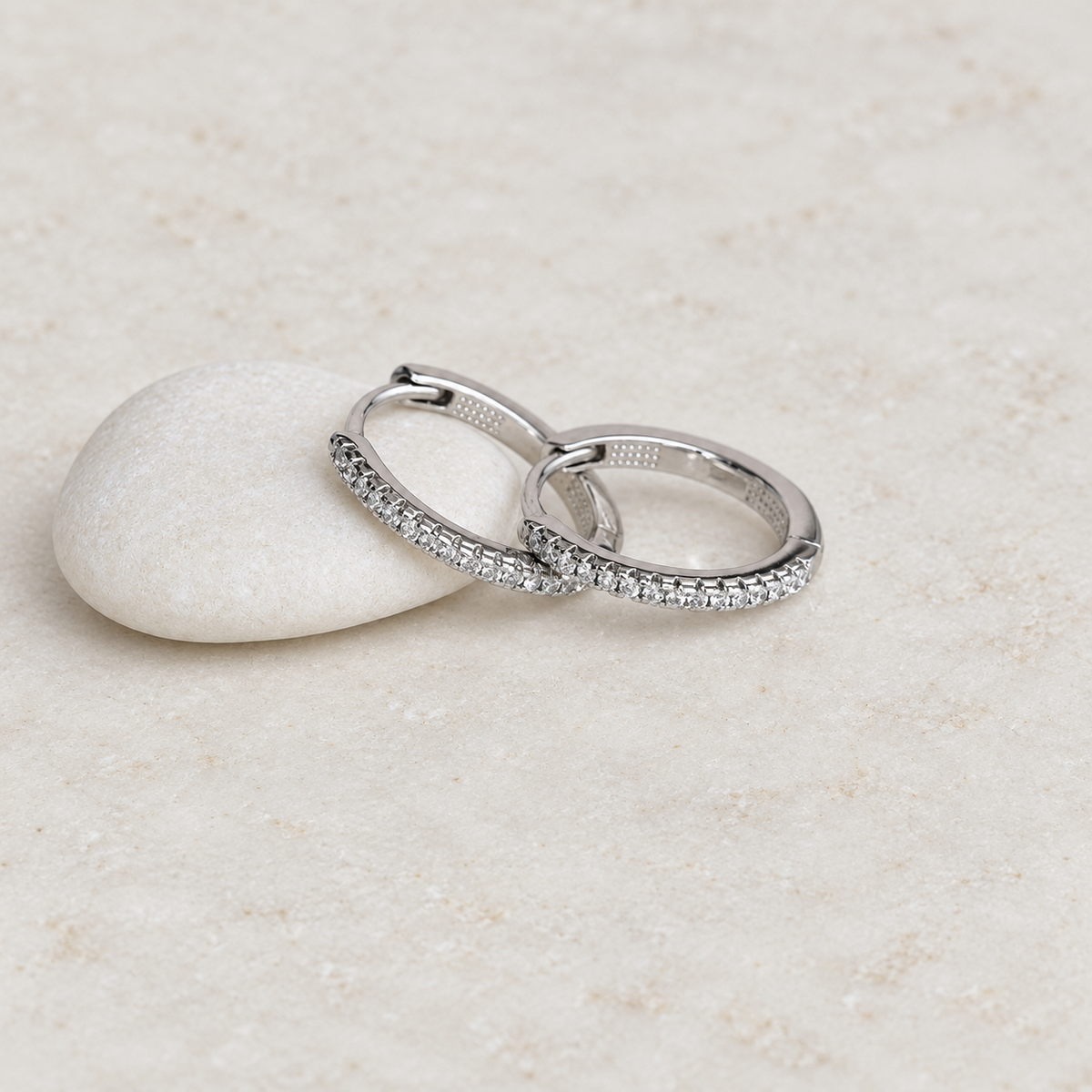 Zircon Hoop Earrings, 14mm, Silver, Pair