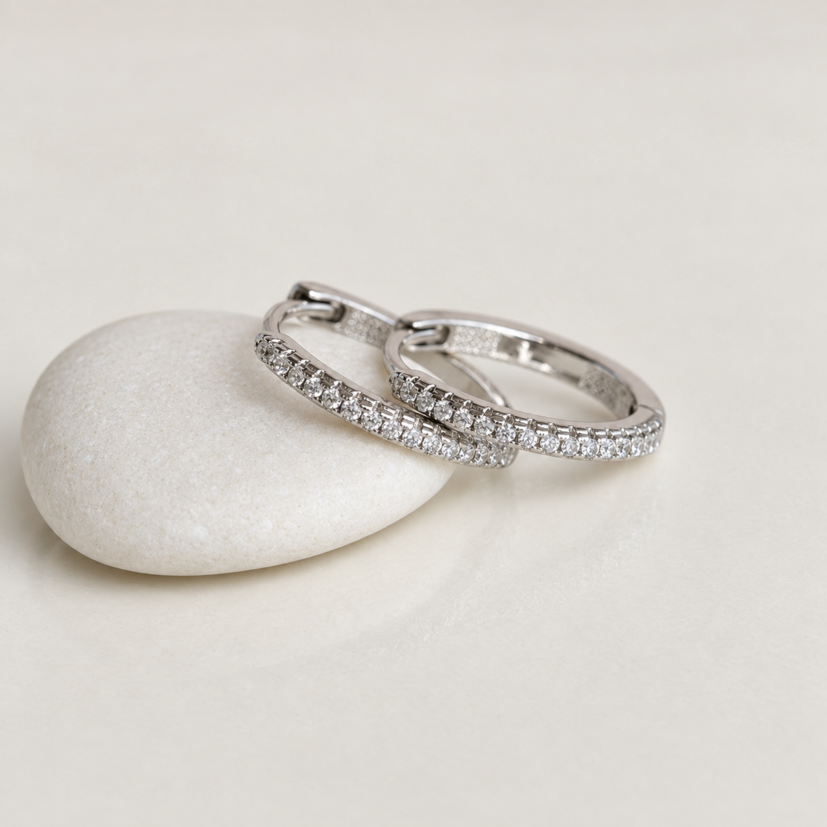Zircon Hoop Earrings, 14mm, Silver, Pair
