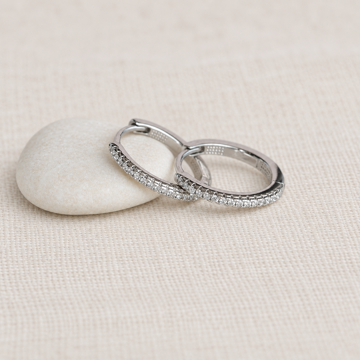 Zircon Hoop Earrings, 14mm, Silver, Pair