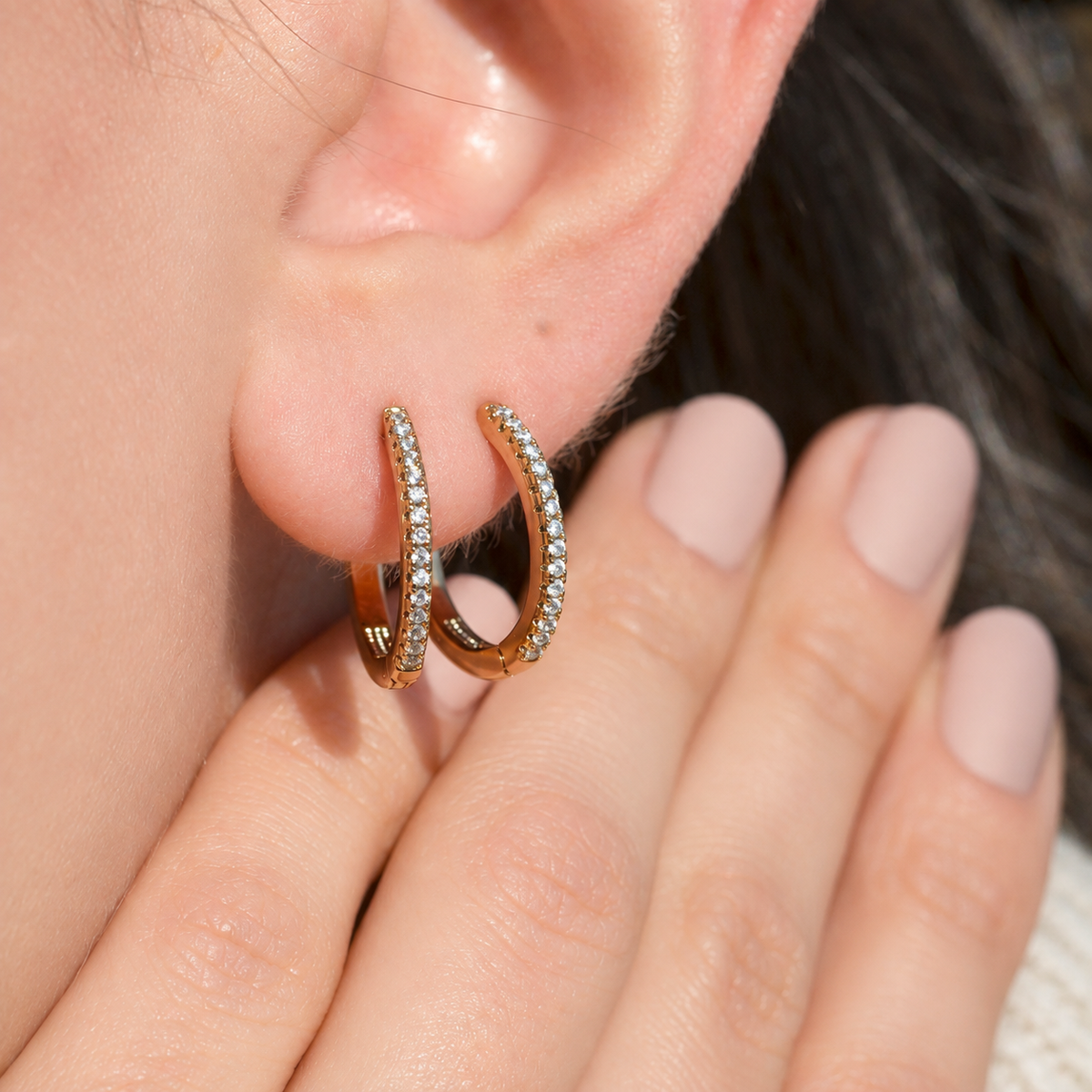 Zircon Midi Hoop Earrings, 16mm, Gold, Pair