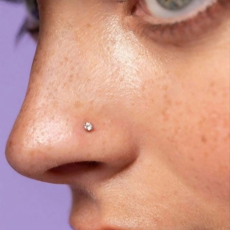 3mm Zircon Solitaire Nose Stud in Gold or Silver, Stainless Steel, Pair
