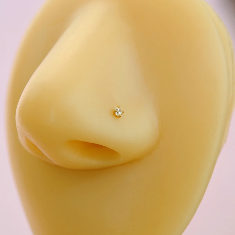 2mm Zircon Solitaire Nose Stud in Gold or Silver, Stainless Steel, Single