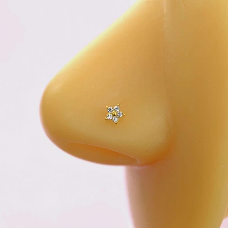 Bone Flower Nose Stud in Gold or Silver, 925 Sterling Silver, Pair