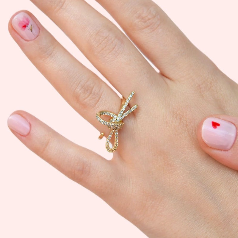 Bow Adjustable Ring in Gold or Silver, Zircon Knuckle Ring, Single