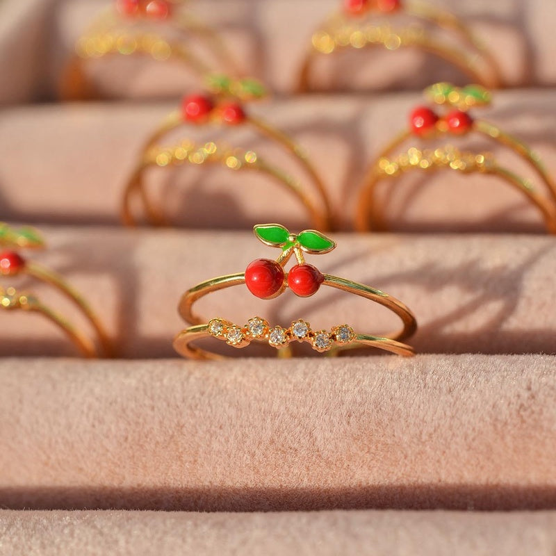 Cherry Zircon Adjustable Ring, Gold or Silver, Single
