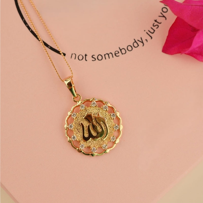 Gold Zircon Dainty Allah Pendant Necklace, Minimal Chain, Single