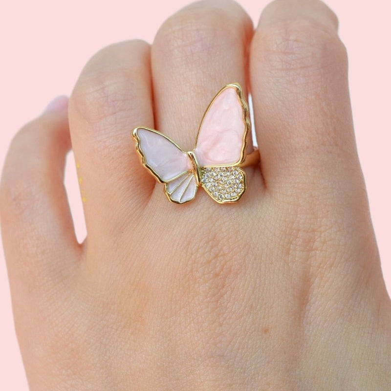 Butterfly Adjustable Ring, Zircon Knuckle Ring, Pink, Blue or White, Single