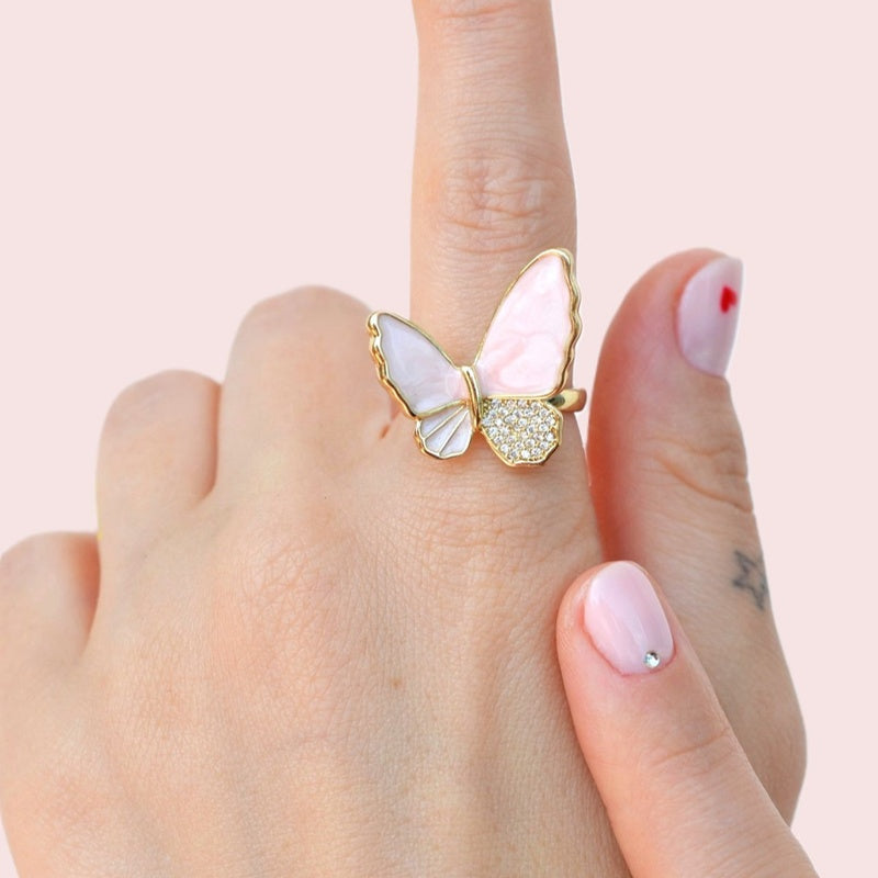 Butterfly Adjustable Ring, Zircon Knuckle Ring, Pink, Blue or White, Single