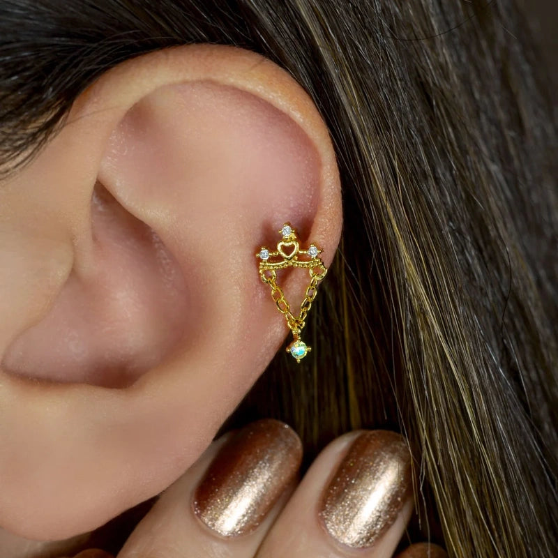 Gold Zircon Ear Chain Earring for Helix, Tragus & Cartilage, Single
