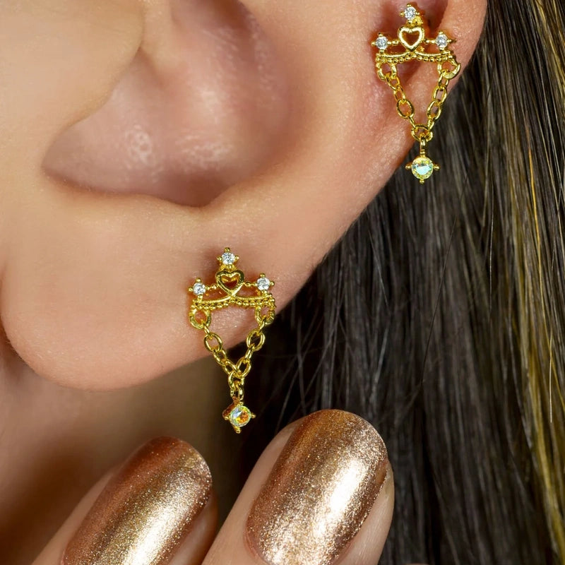 Zircon Ear Chain Earring, Gold, Single